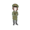 Boy in military uniform of soldier with St. George ribbon